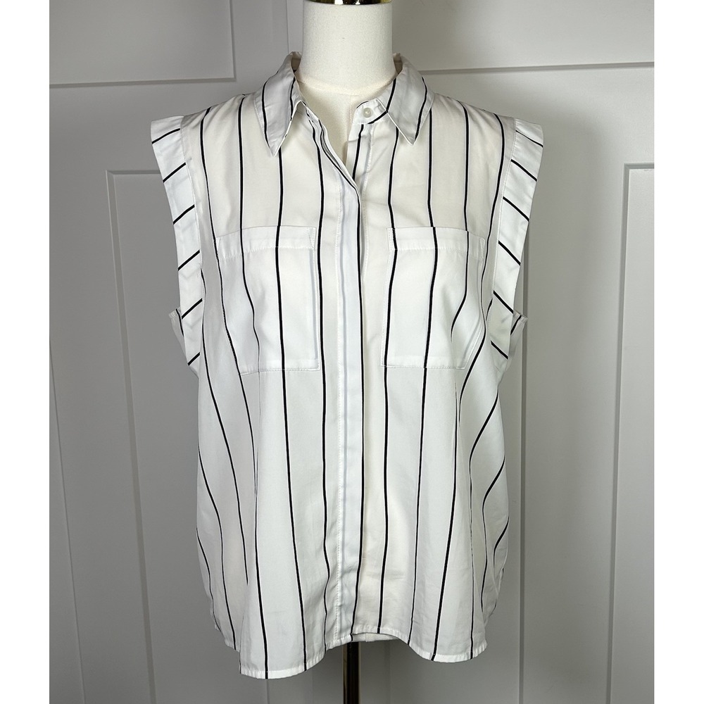 Worthington Women's Sleeveless Button Up Blouse White w/Black Stripes‎ LARGE